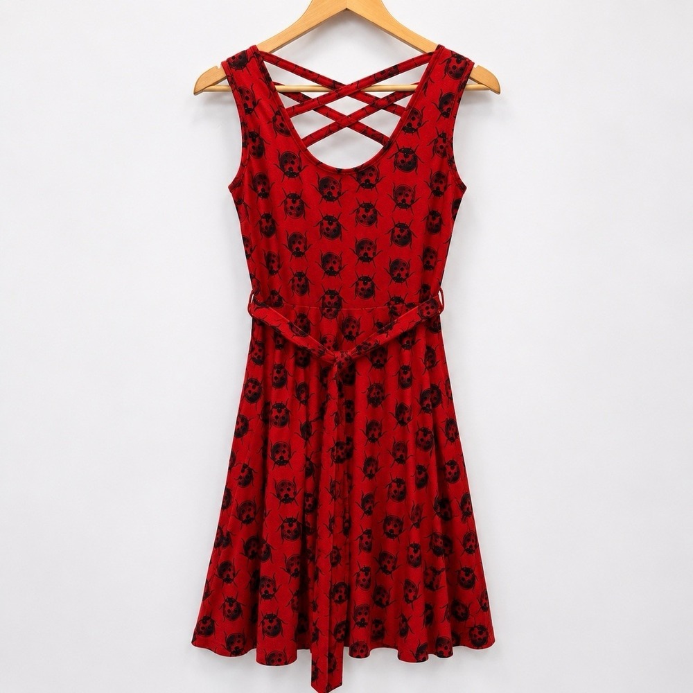 Effie's Heart Red Ladybug Print Crisscross Back Skater Dress Size Small - Picture 2 of 7